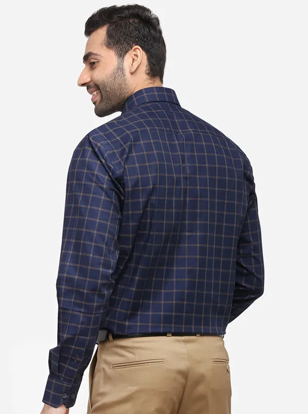 Navy Blue & Brown Checked Regular Fit Formal Shirt | JadeBlue