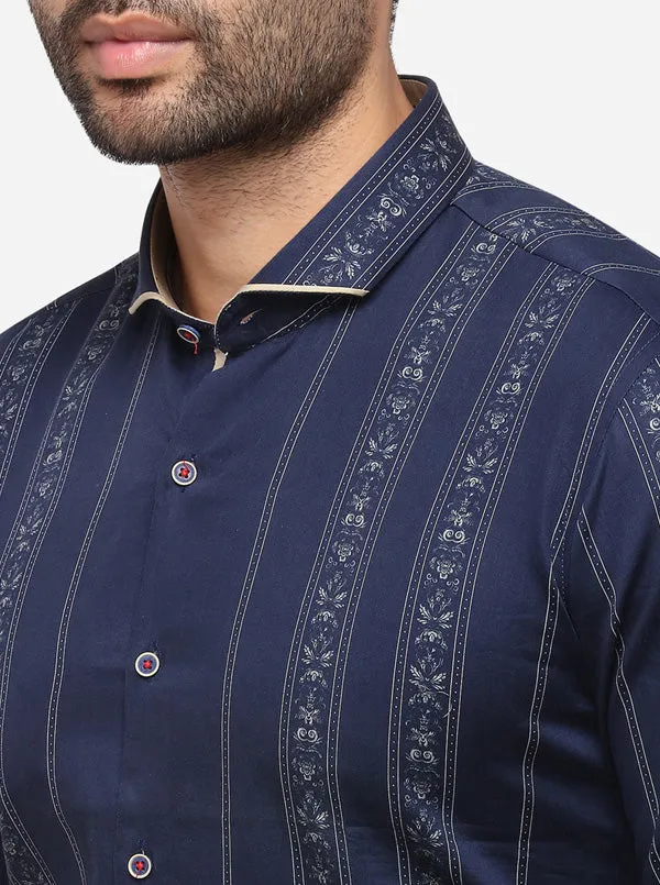 Navy Blue Printed Slim Fit Party Wear Shirt | JB Studio