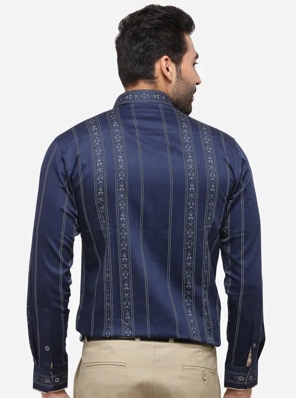 Navy Blue Printed Slim Fit Party Wear Shirt | JB Studio