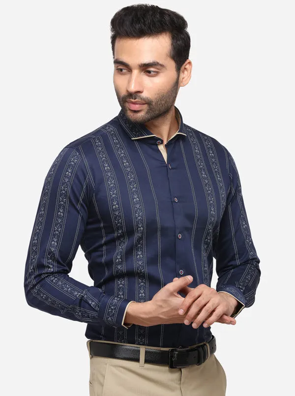 Navy Blue Printed Slim Fit Party Wear Shirt | JB Studio