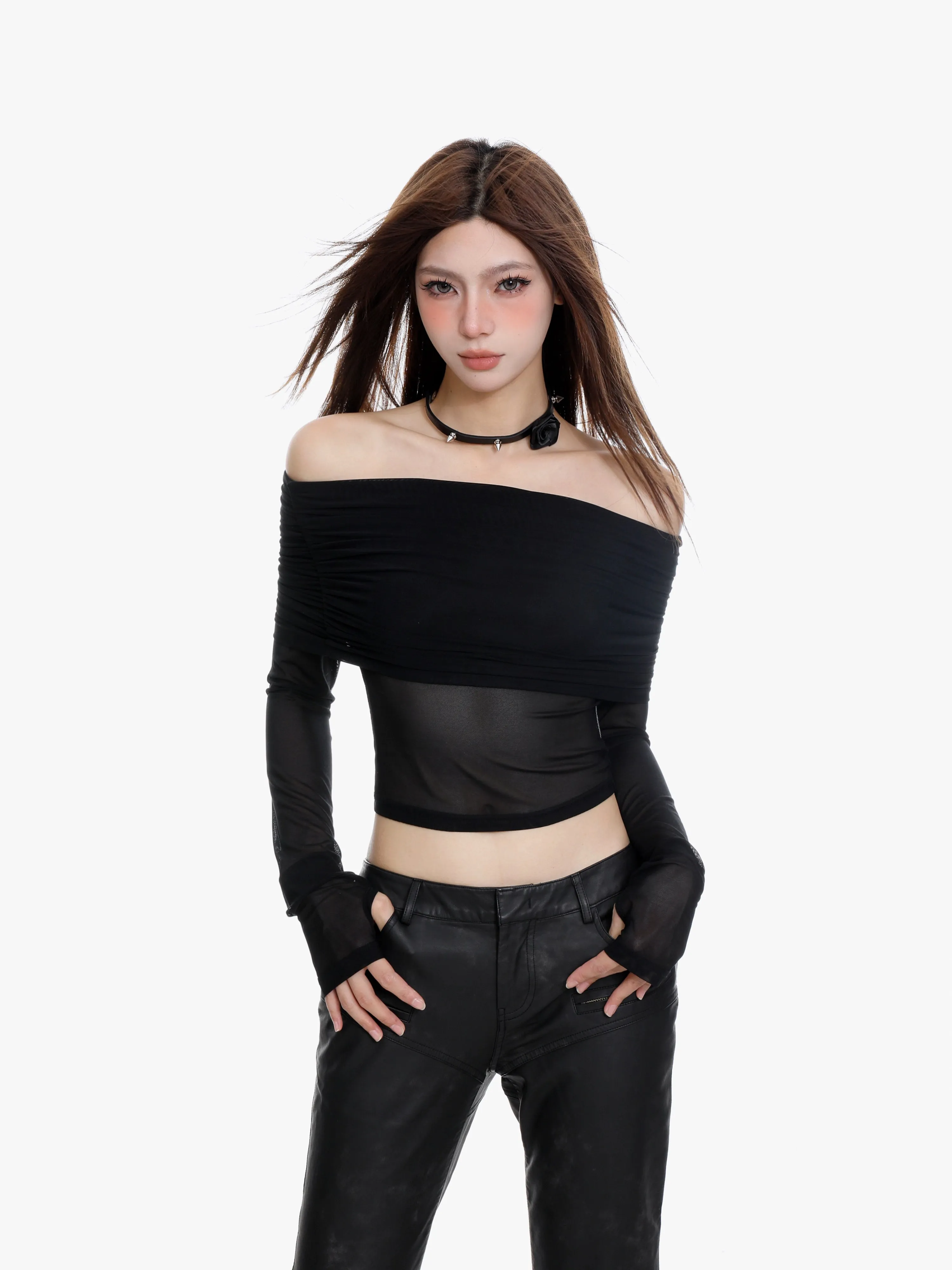 Off-Shoulder Layered Sheer Sleeve Crop Top