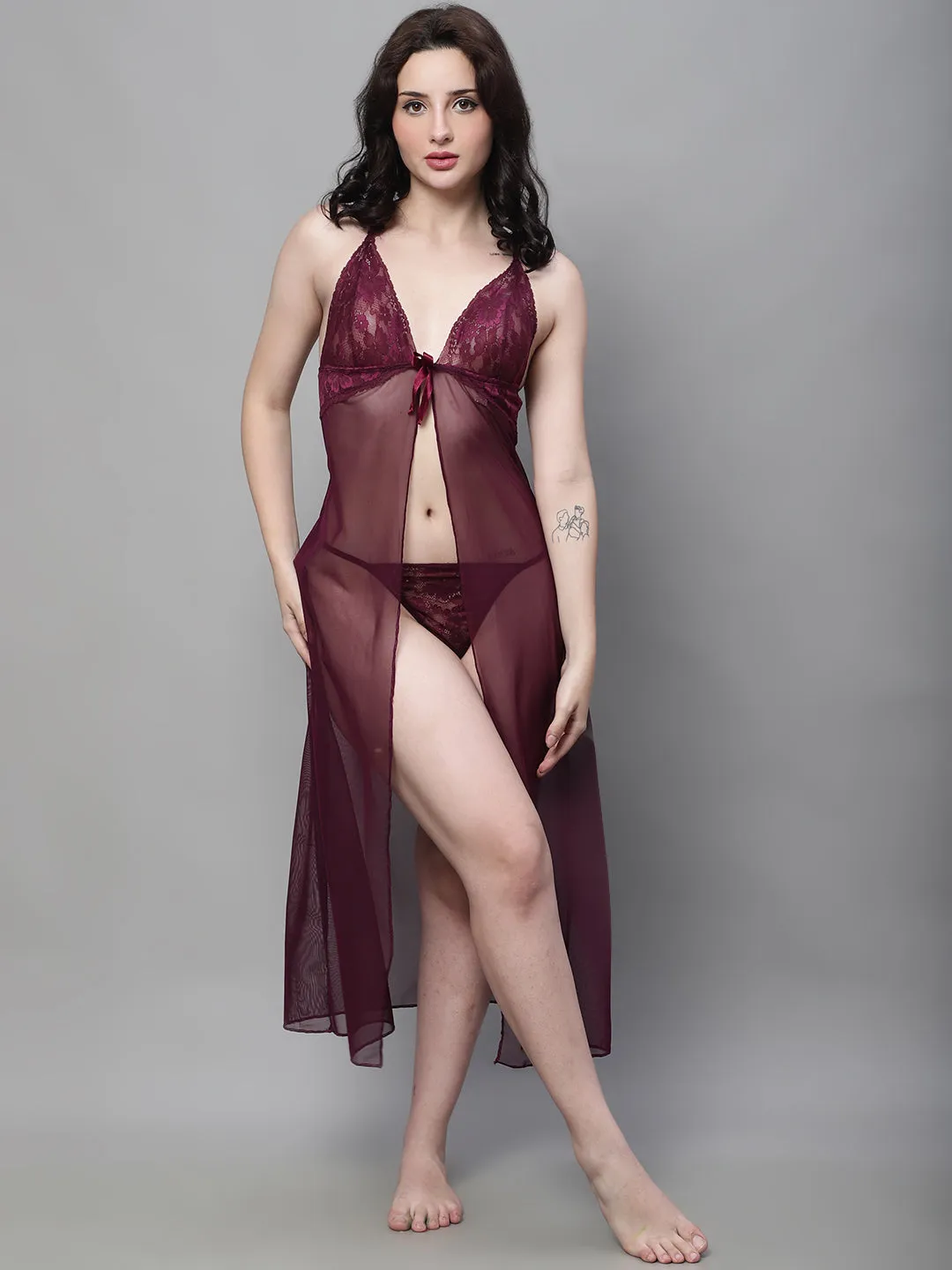 Overall Net Elegant Lacy Long Gown - Wine