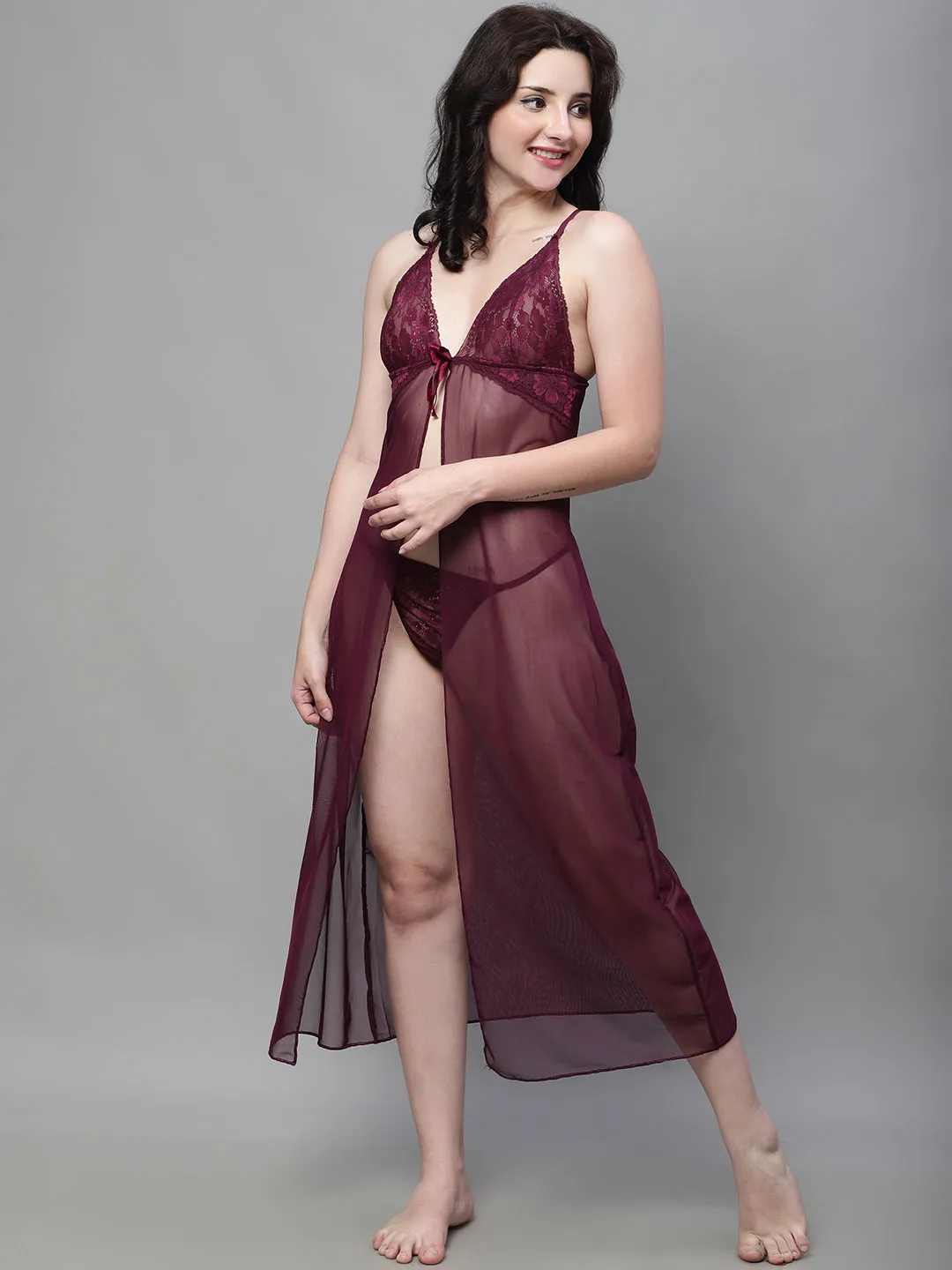 Overall Net Elegant Lacy Long Gown - Wine