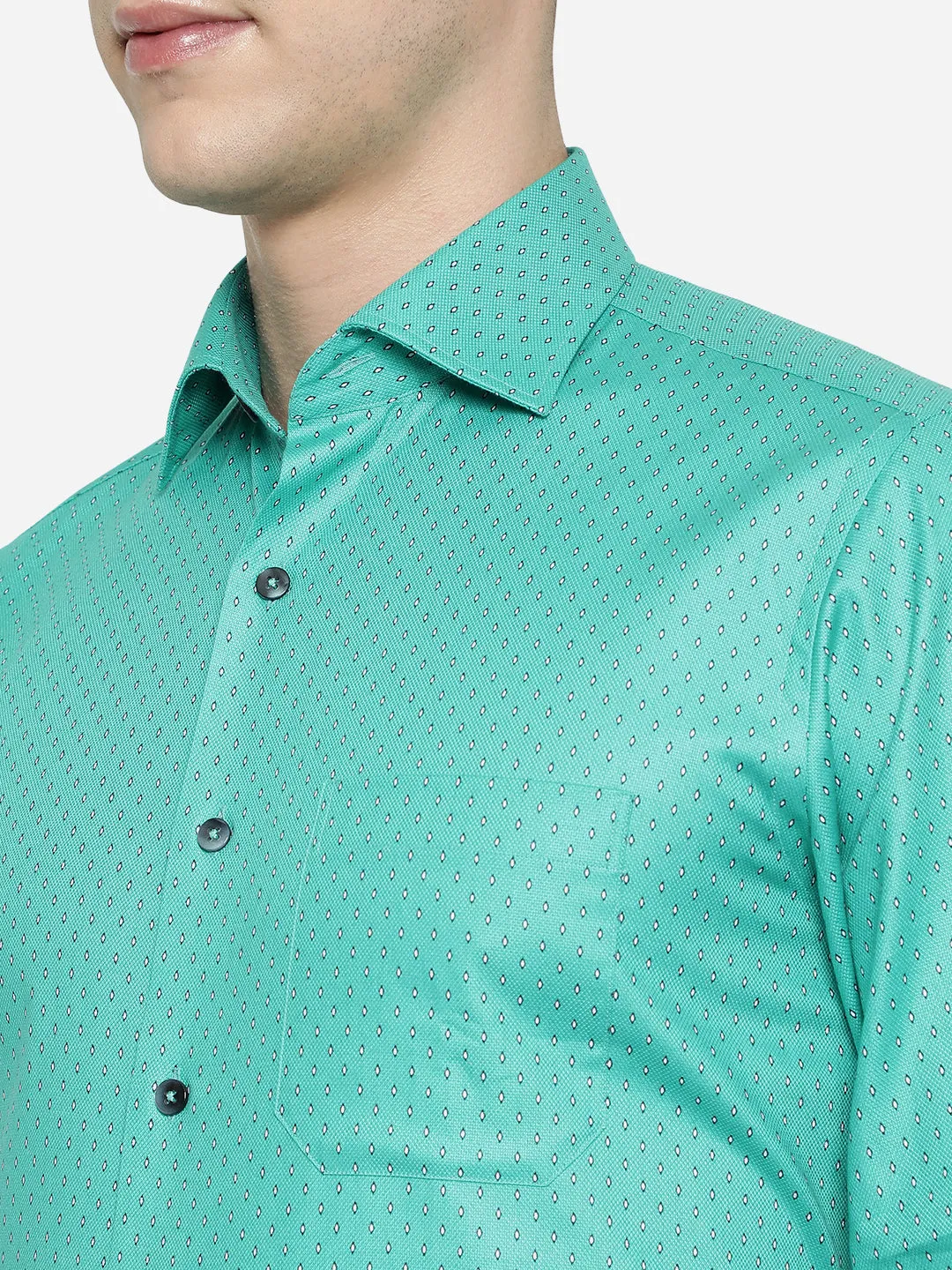 Peacock Green Printed Slim Fit Formal Shirt | Metal