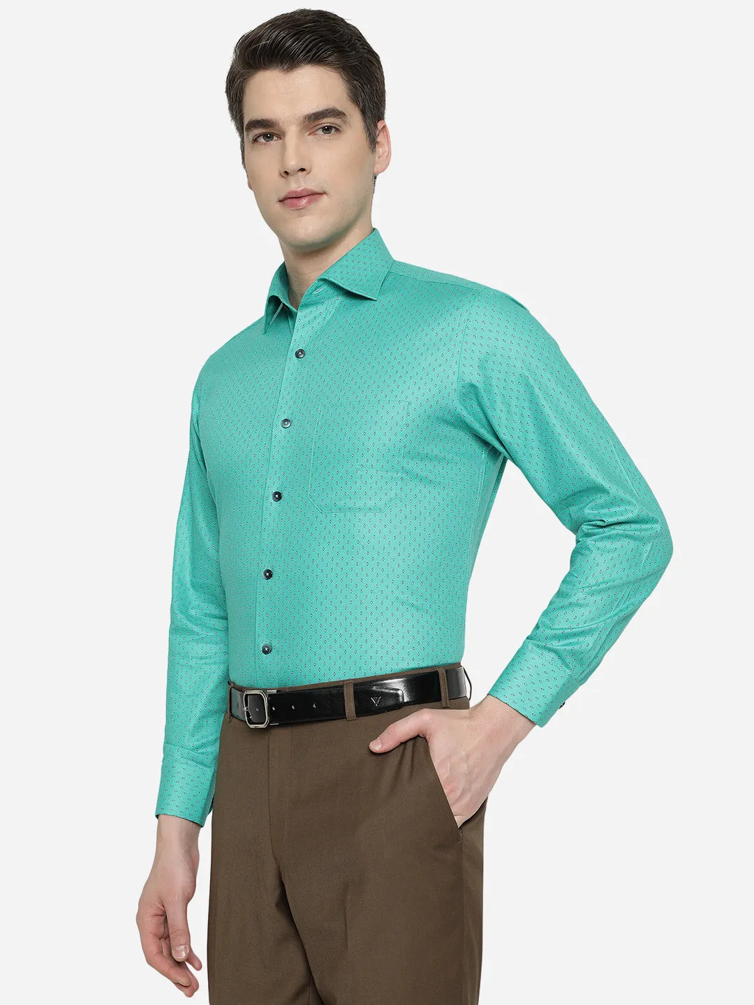 Peacock Green Printed Slim Fit Formal Shirt | Metal