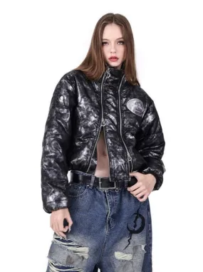 PINKSPINK Metallic Skull Puffer Jacket - Black/Silver