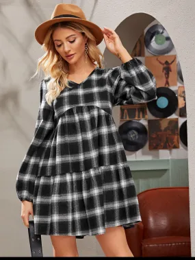 Plaid Print V-neck Babydoll Dress