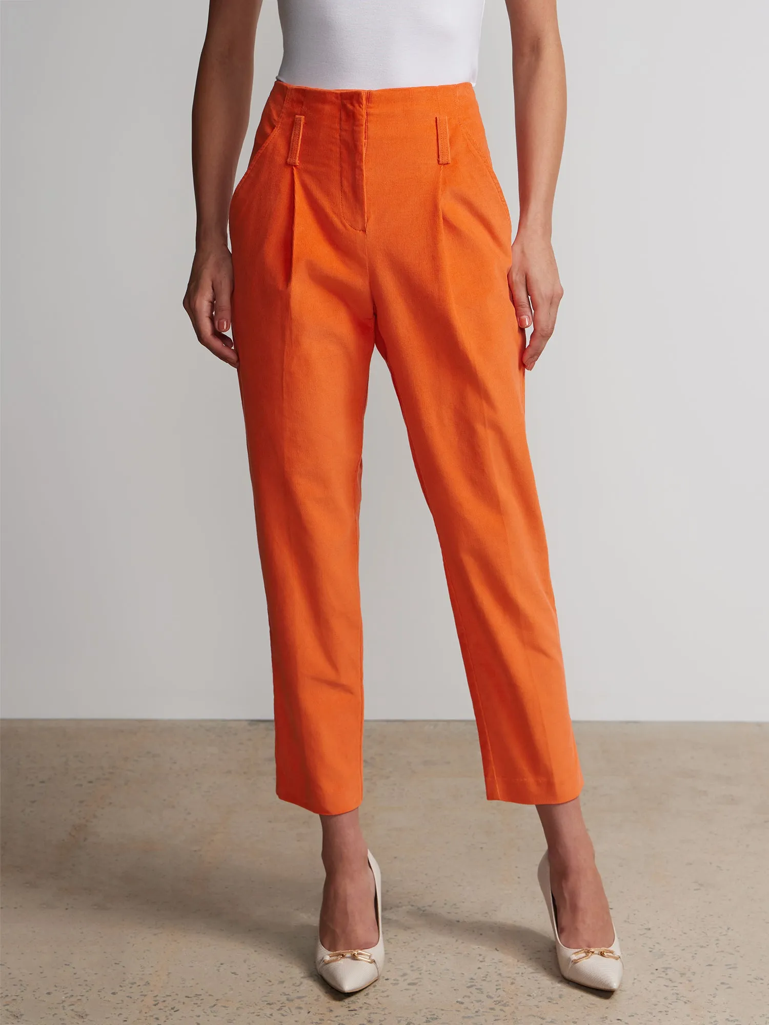 Pleated Corduroy Straight Leg Pant