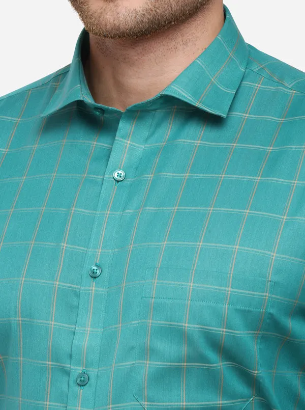 Pool Green Checked Regular Fit Formal Shirt | Greenfibre