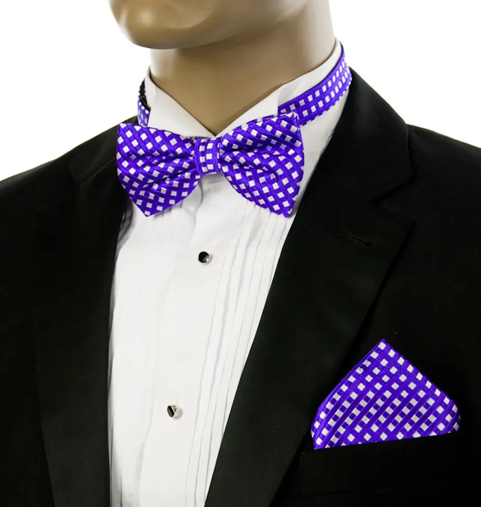 Purple Checkered Silk Bow Tie and Pocket Square