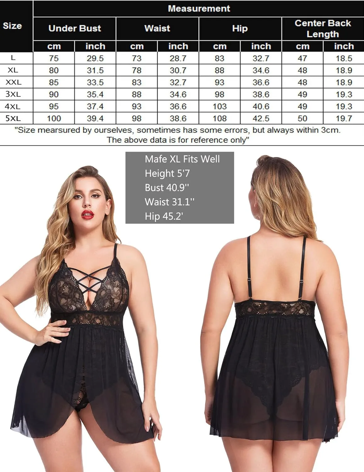 "Alluring Avidlove Plus Size Lace Lingerie - V Neck Nighty with Snap Crotch (L-5XL)"