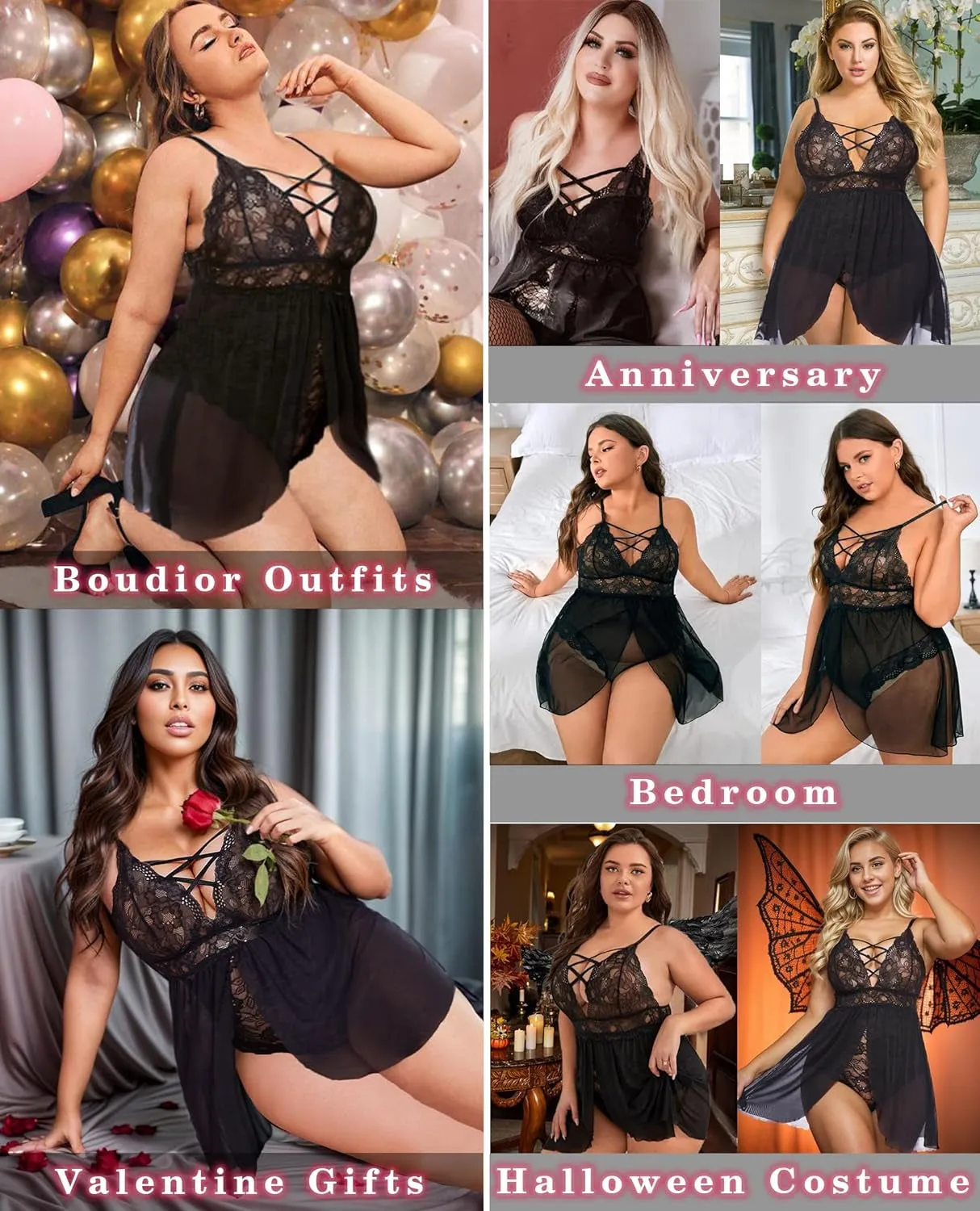 "Alluring Avidlove Plus Size Lace Lingerie - V Neck Nighty with Snap Crotch (L-5XL)"