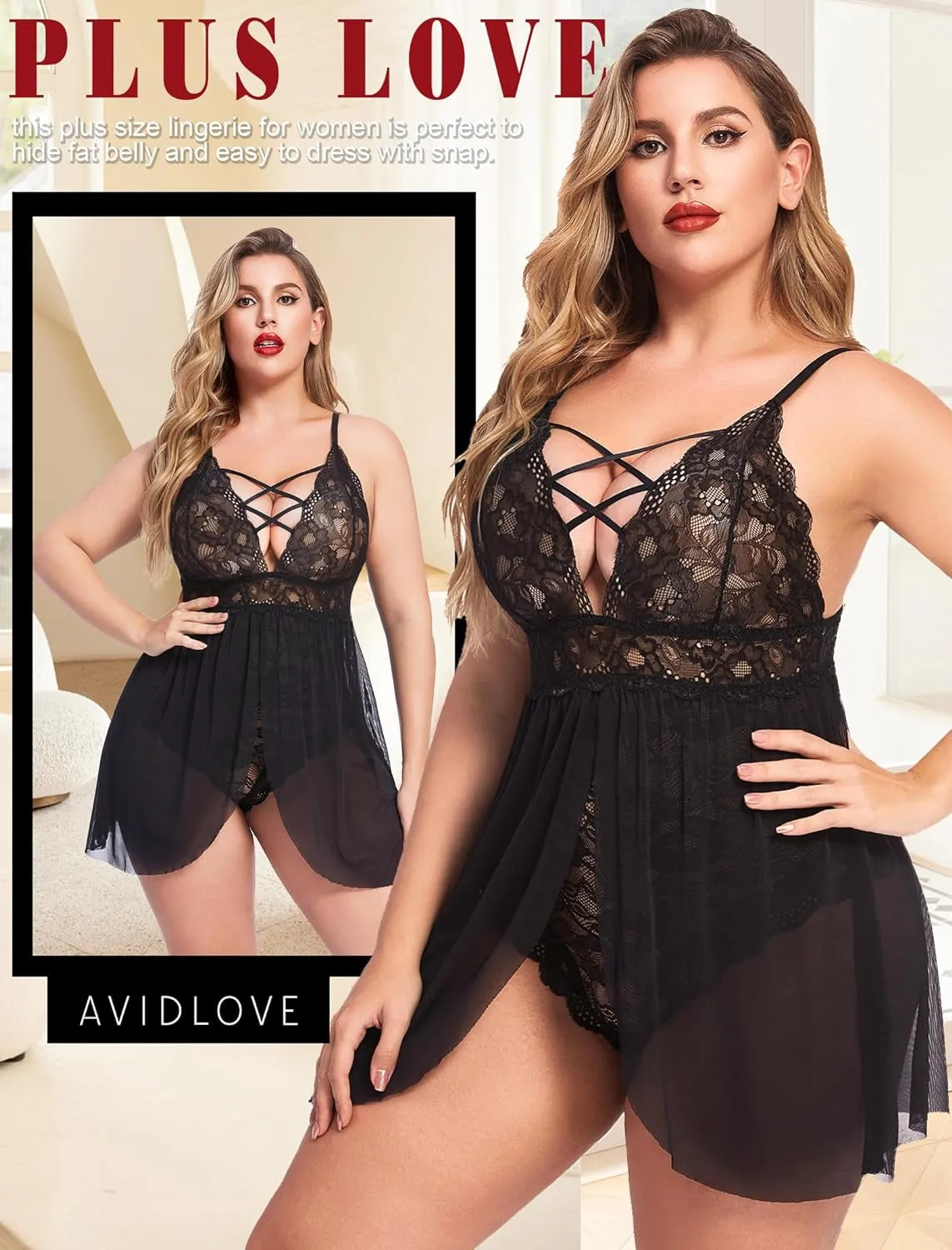 "Alluring Avidlove Plus Size Lace Lingerie - V Neck Nighty with Snap Crotch (L-5XL)"