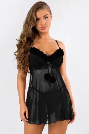 "Alluring Black Holiday Babydoll Set for Women - Size Large"