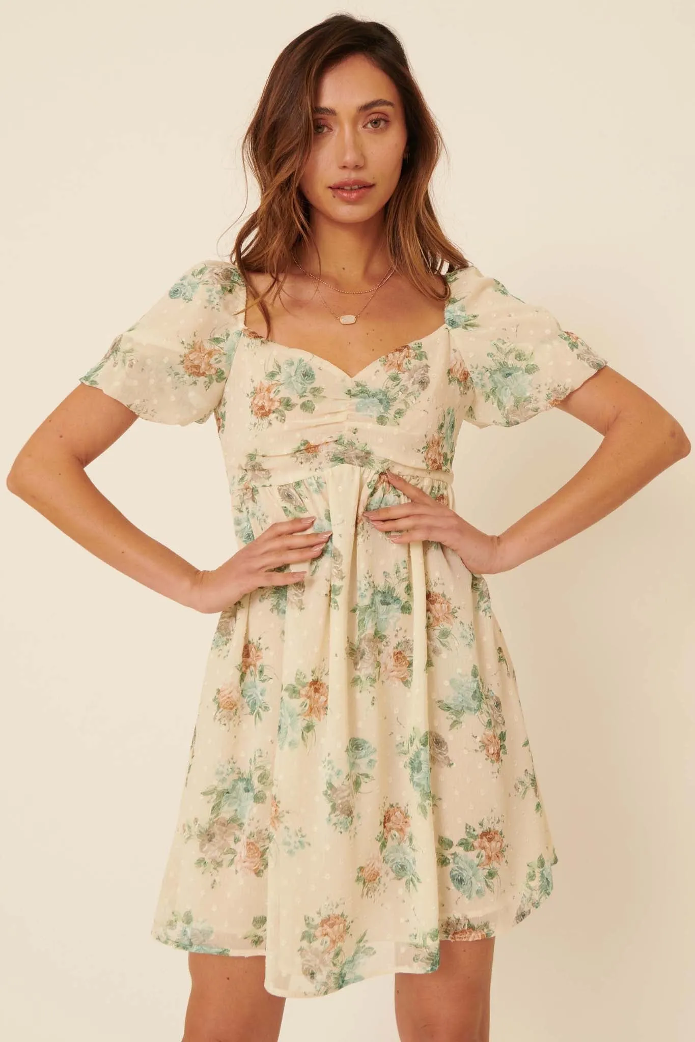 Radiate Joy Floral Swiss Dot Babydoll Dress