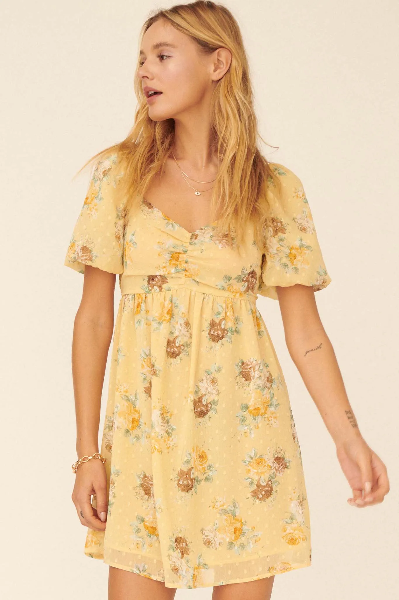 Radiate Joy Floral Swiss Dot Babydoll Dress