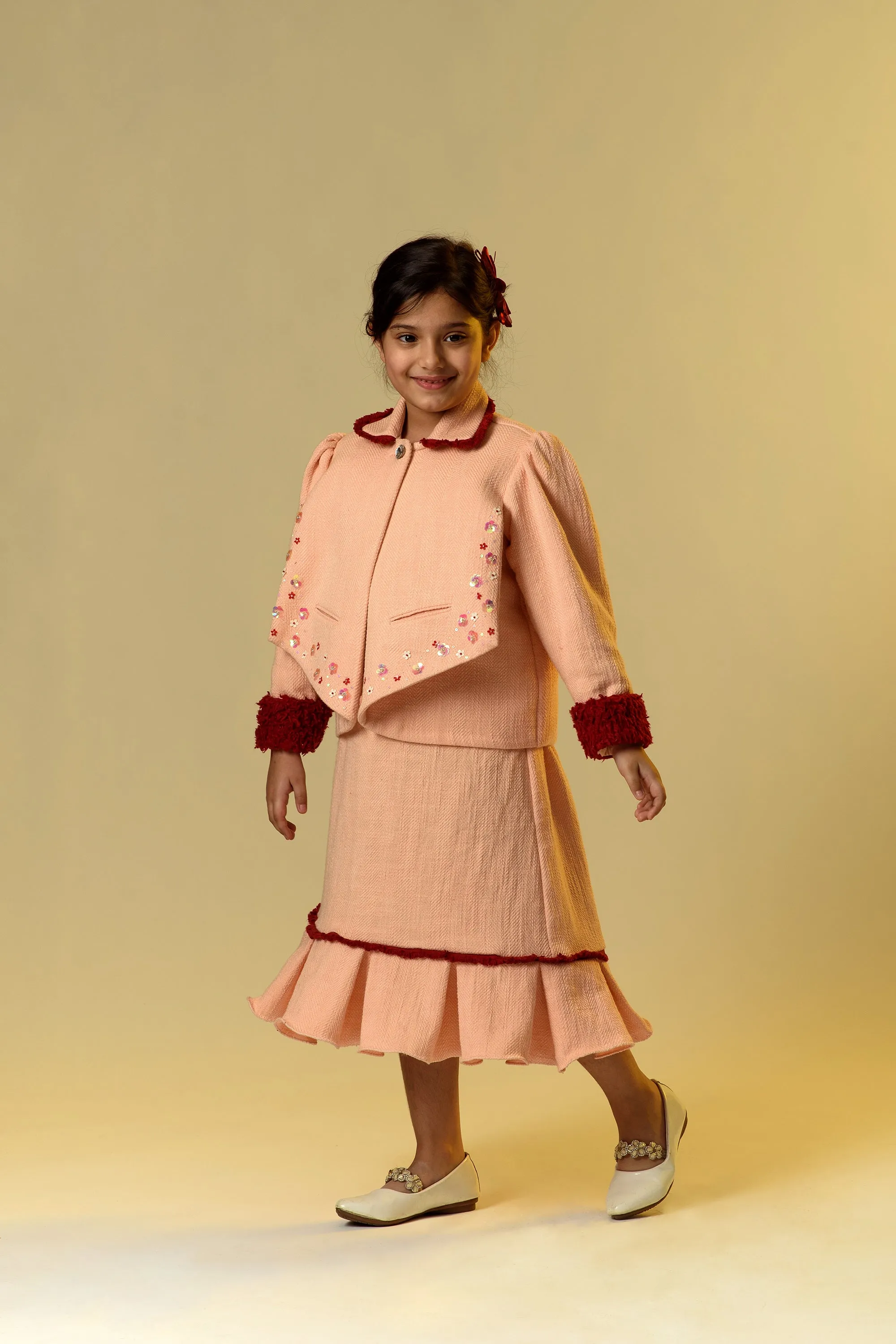 Rosehip Radiance- Embroidered Blazer With Skirt Set For Girls