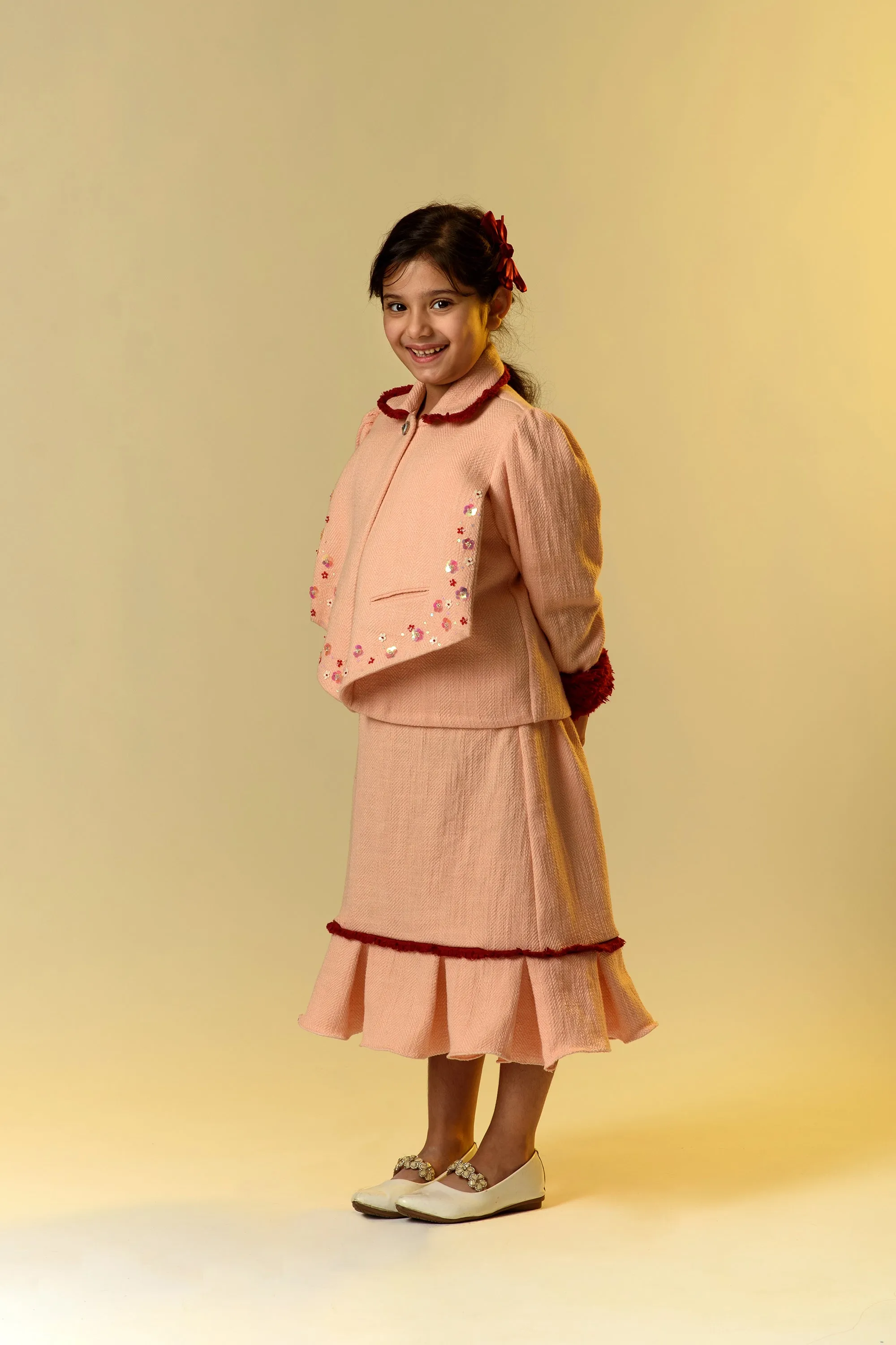 Rosehip Radiance- Embroidered Blazer With Skirt Set For Girls