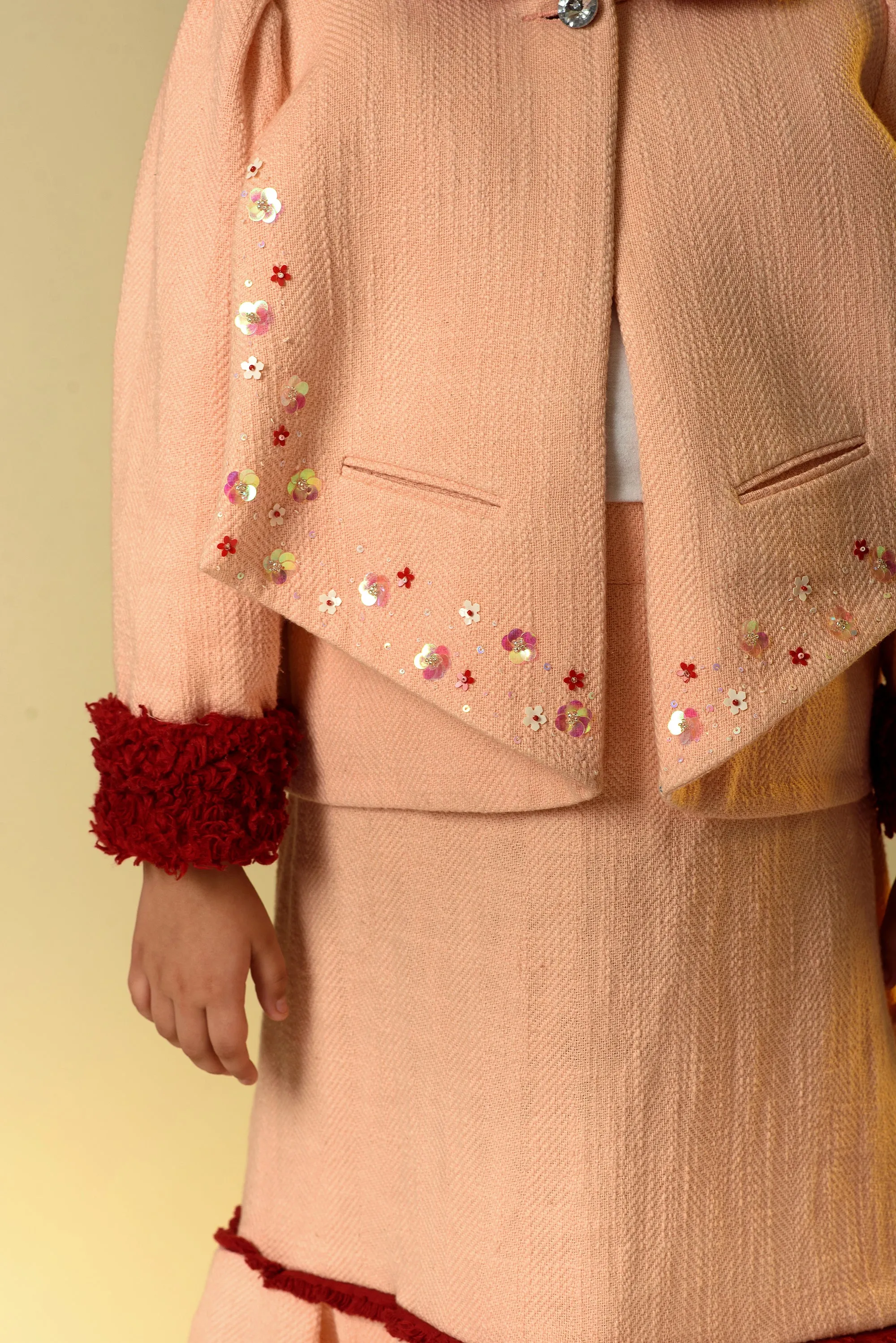 Rosehip Radiance- Embroidered Blazer With Skirt Set For Girls