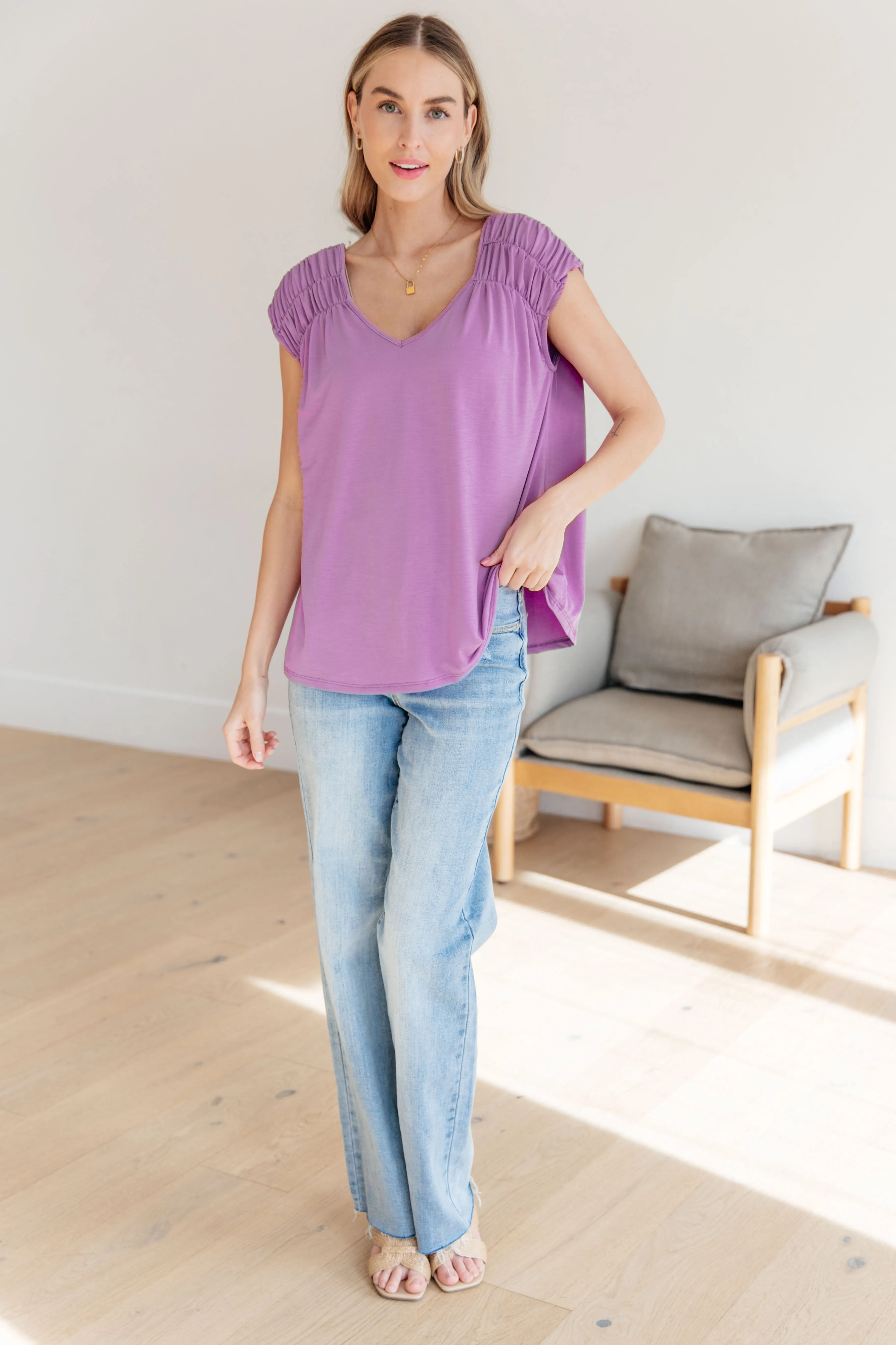 Ruched Cap Sleeve Top in Lavender - Dear Scarlett