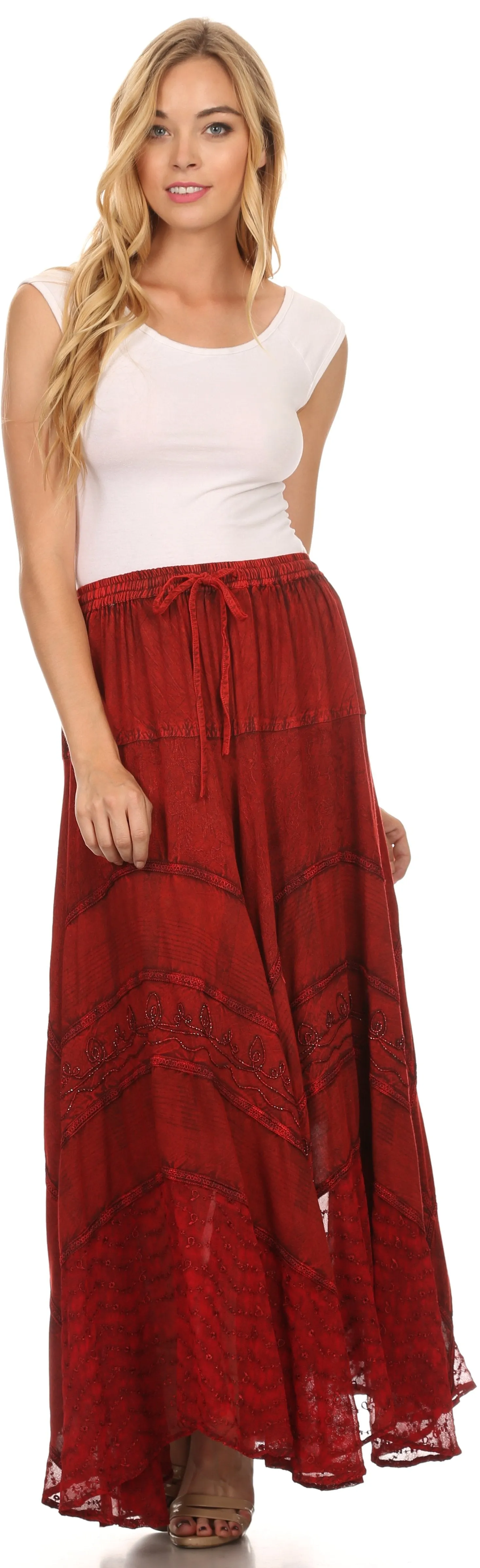 Sakkas Hailes Long Tall Wide Silver Embroidered Batik Adjustable Waist Skirt