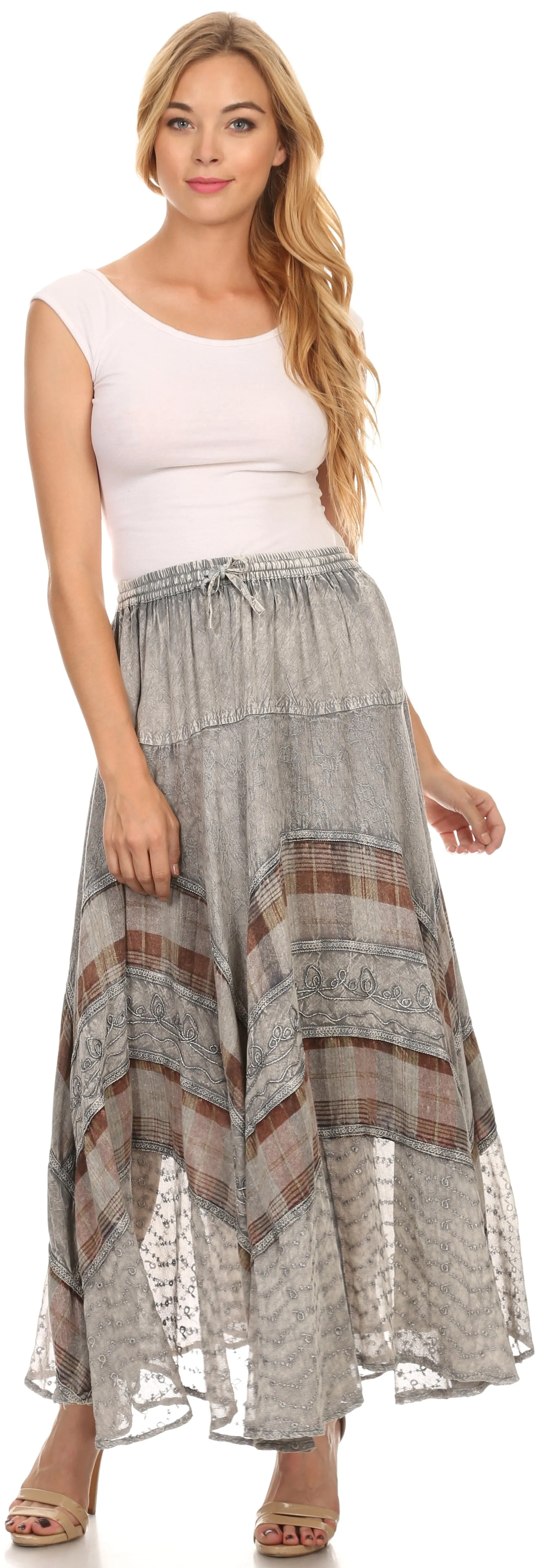 Sakkas Hailes Long Tall Wide Silver Embroidered Batik Adjustable Waist Skirt