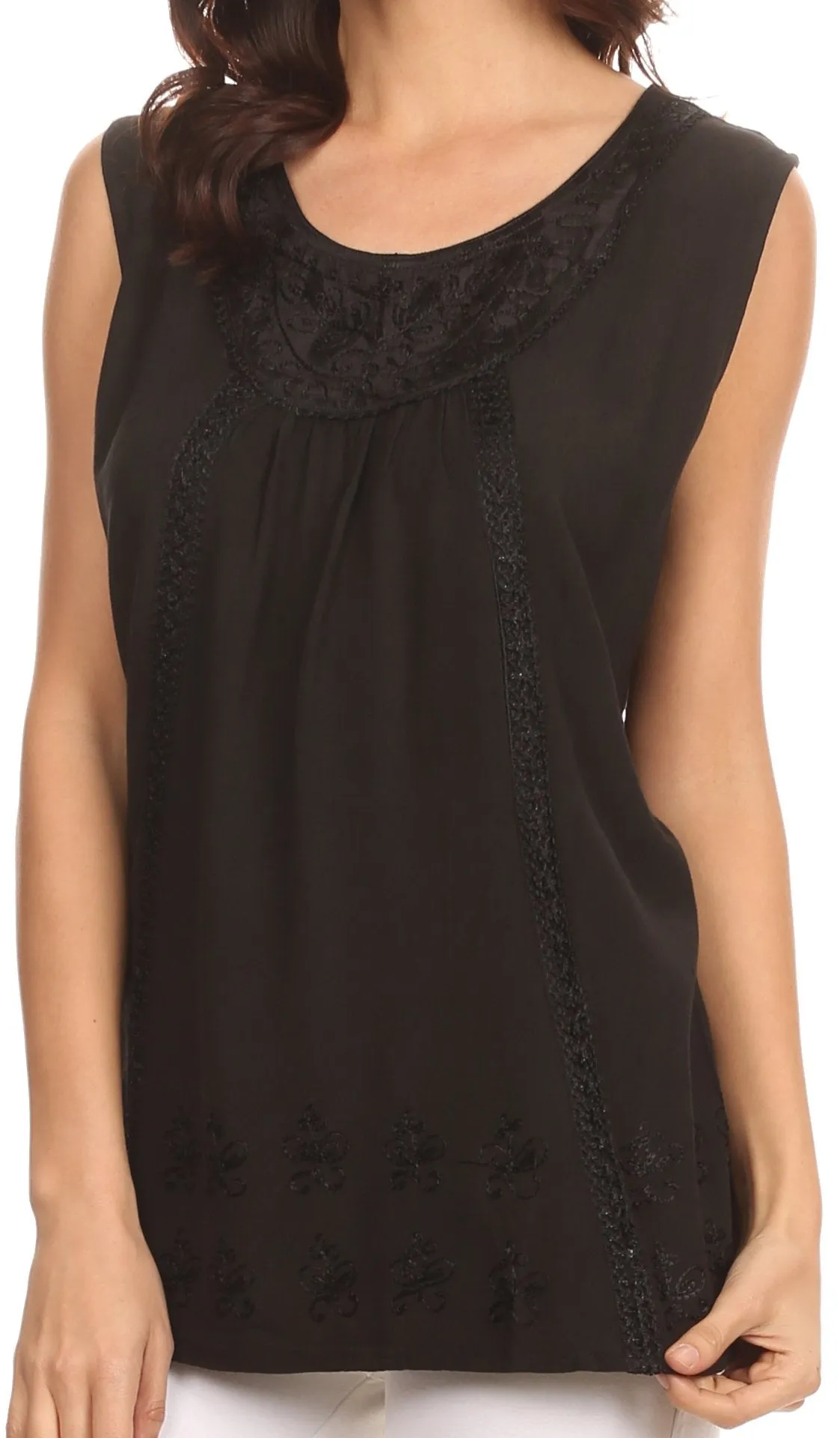 Sakkas Jil Wide Tank Top Sleeveless Embroidered Blouse With Embroidery Lace