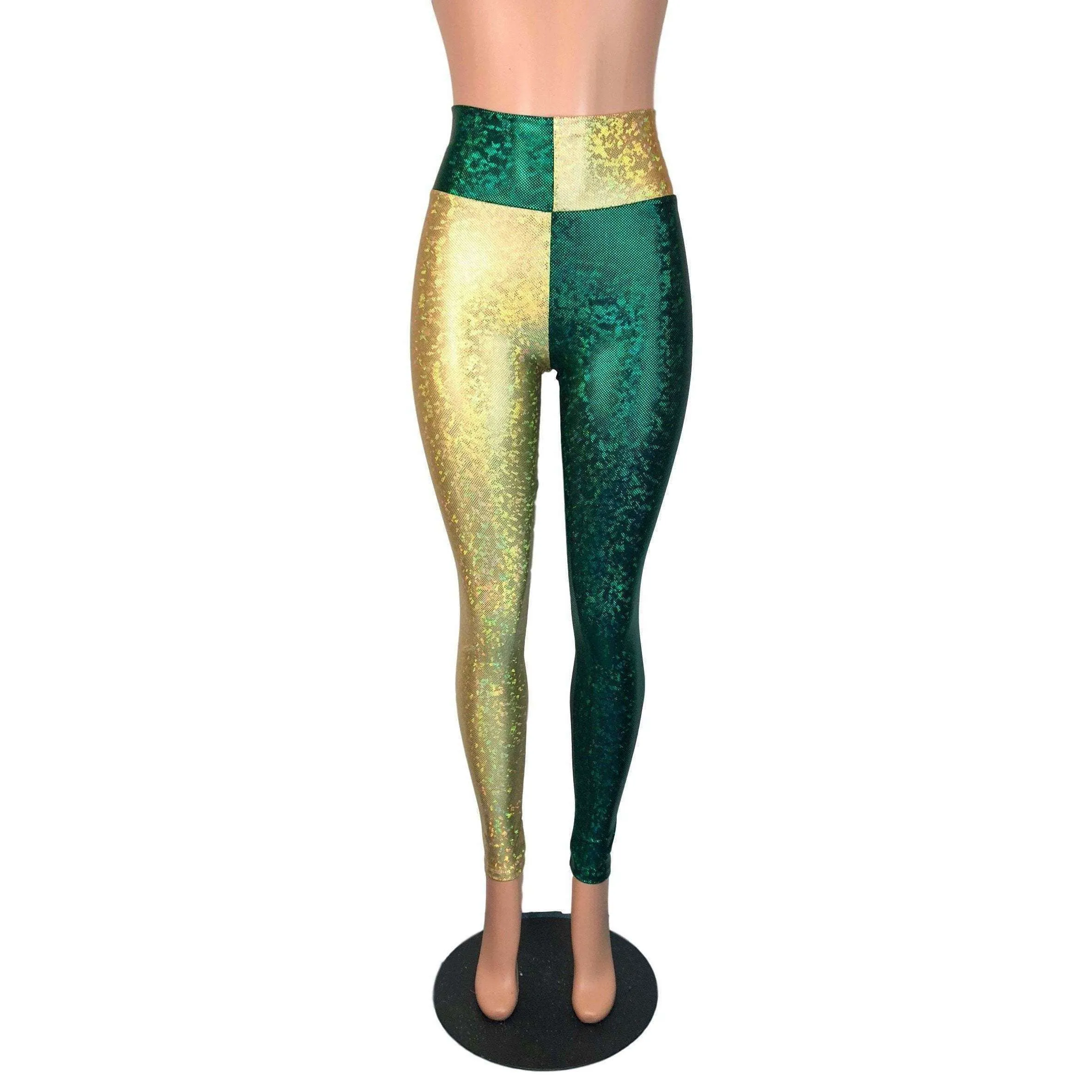 *Sample - Green & Gold Sports Team Holographic High Waist Leggings Pants - Final Sale