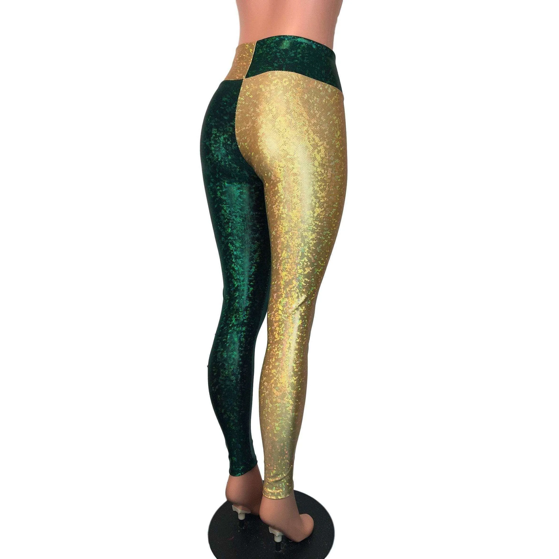 *Sample - Green & Gold Sports Team Holographic High Waist Leggings Pants - Final Sale