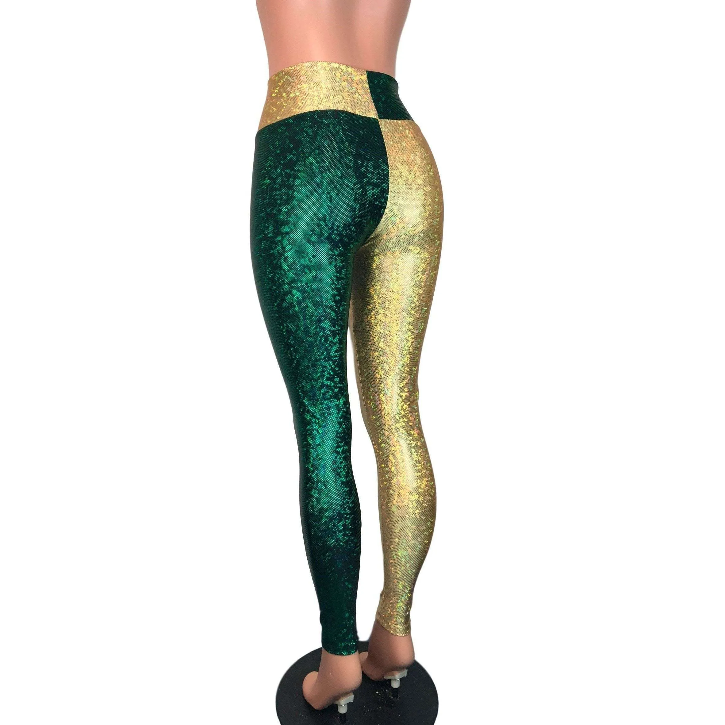 *Sample - Green & Gold Sports Team Holographic High Waist Leggings Pants - Final Sale