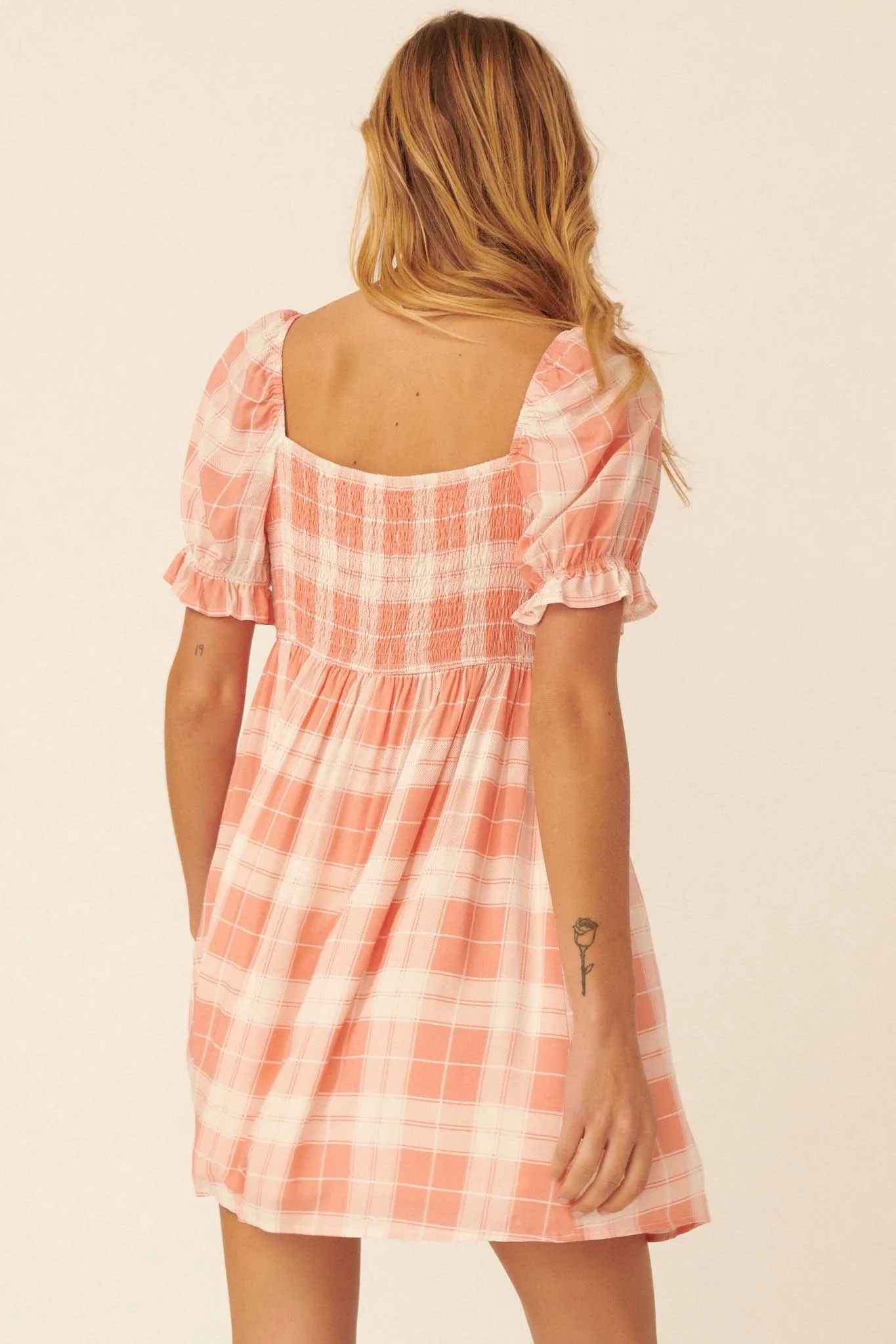 Shine On Plaid Puff-Sleeve Babydoll Mini Dress