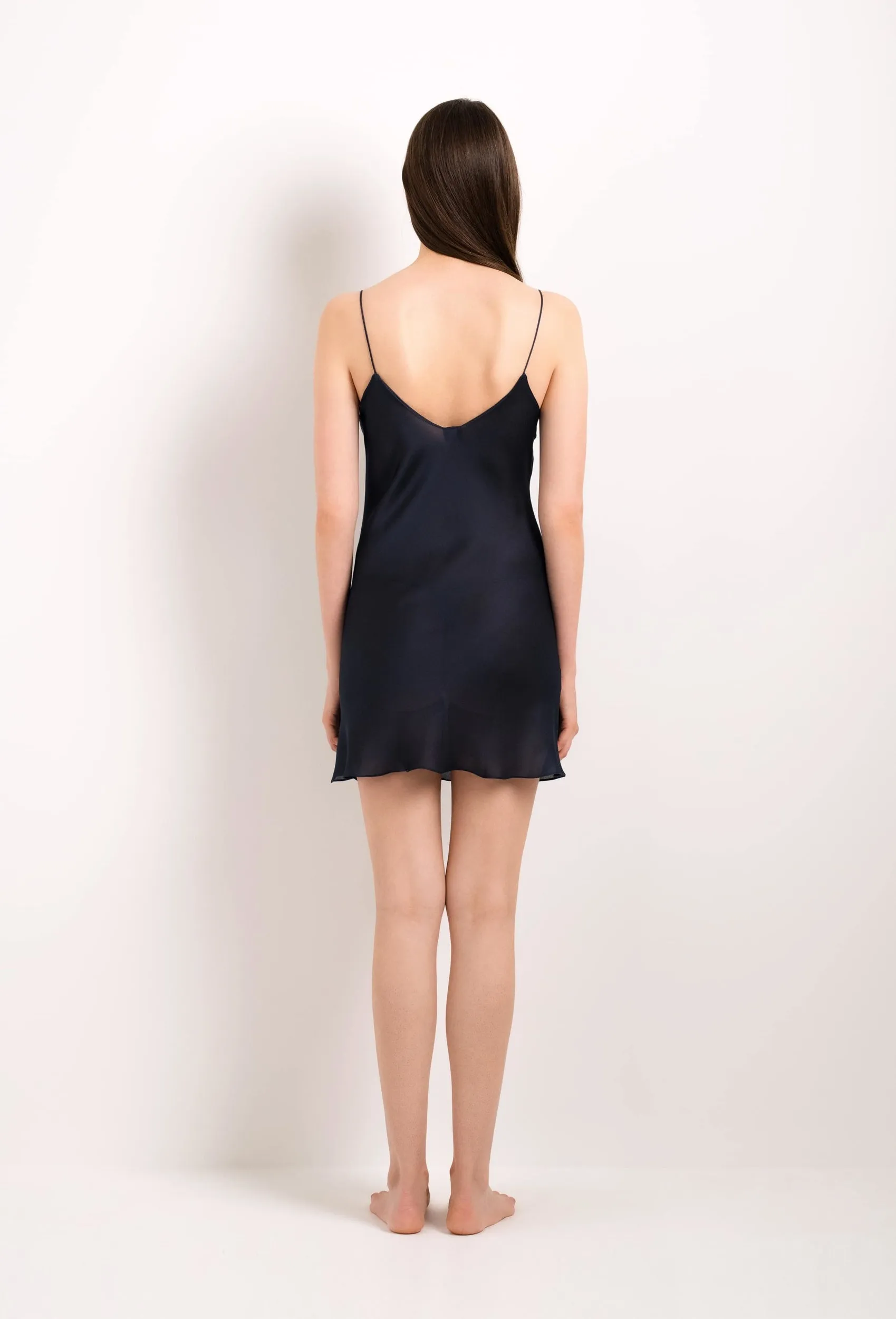 Short silk slip dress - midnight blue and blue lace