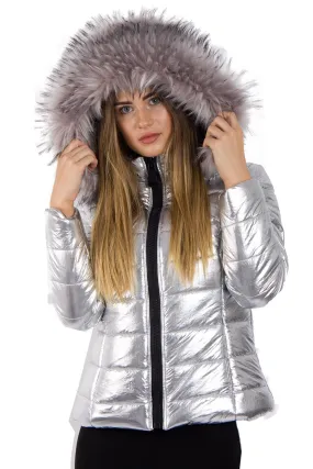 Silver Grey Metallic Shine Faux Fur Puffer Coat Jacket