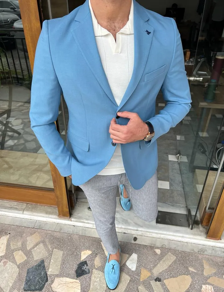 Sky Blue Slim Fit Wool Blazer for Men by GentWith.com