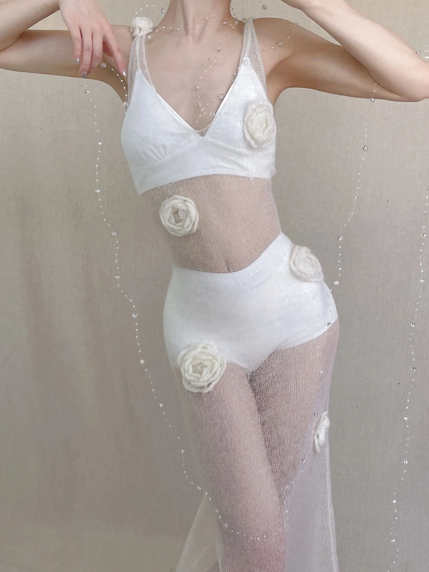 [Tailor Made] Floral Deity White Rose Hand Knitted Dress