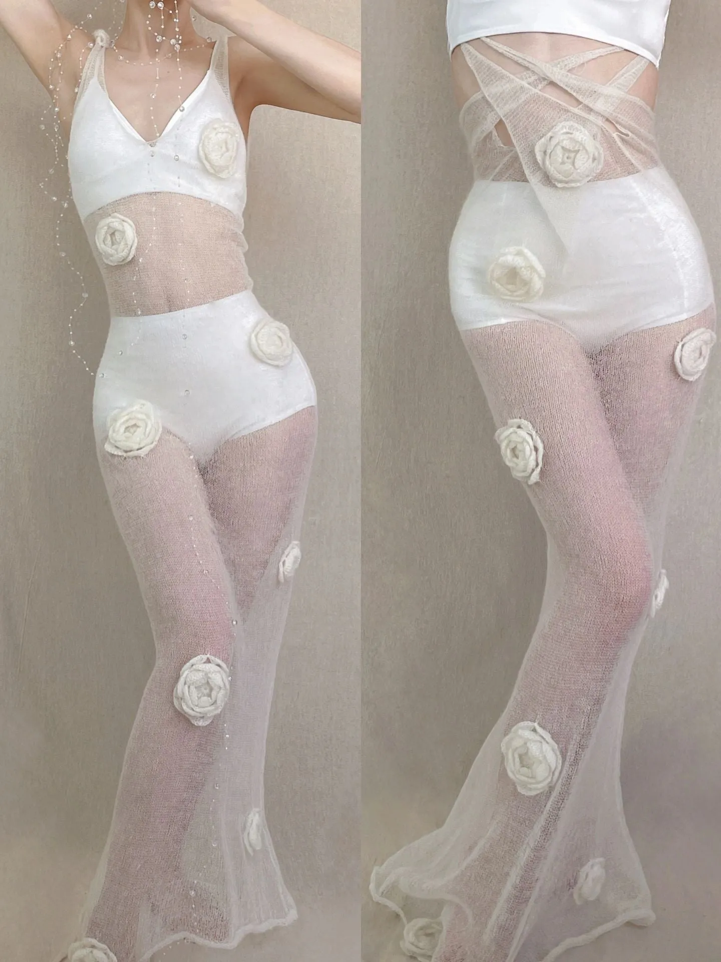 [Tailor Made] Floral Deity White Rose Hand Knitted Dress