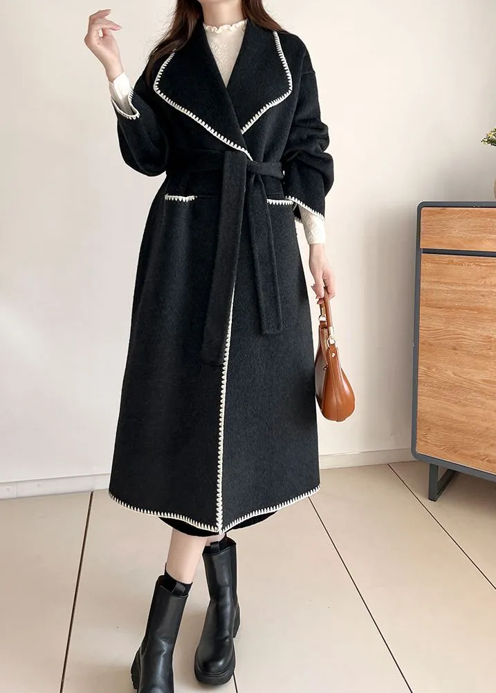 Toothhed Hem Wool Blend Belted Long Coat