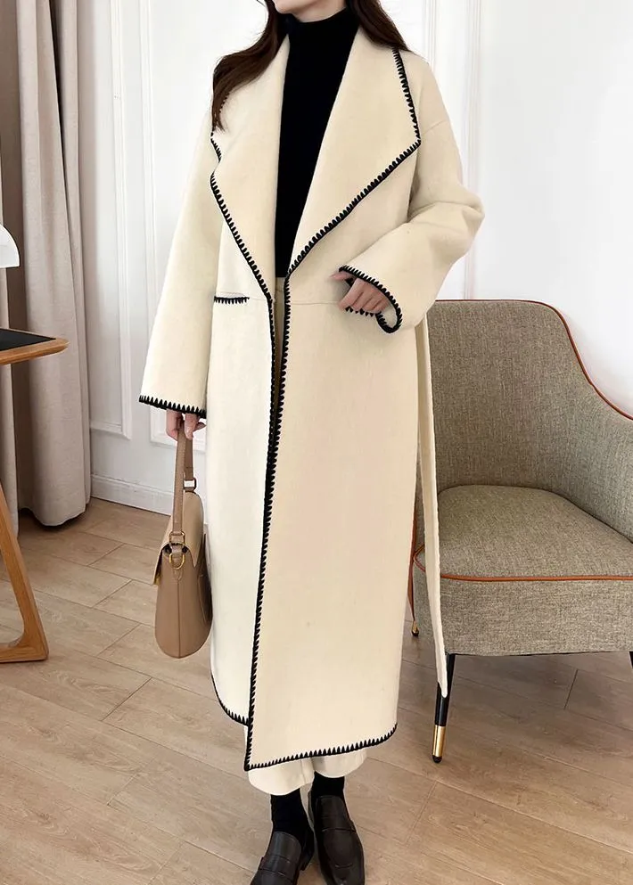 Toothhed Hem Wool Blend Belted Long Coat