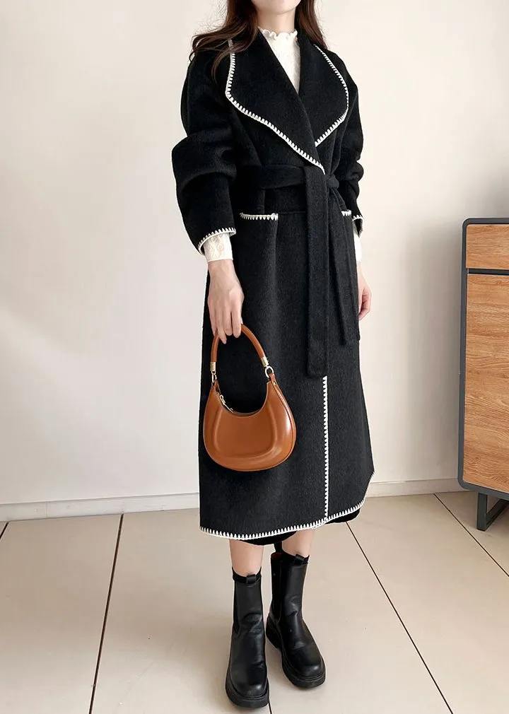 Toothhed Hem Wool Blend Belted Long Coat