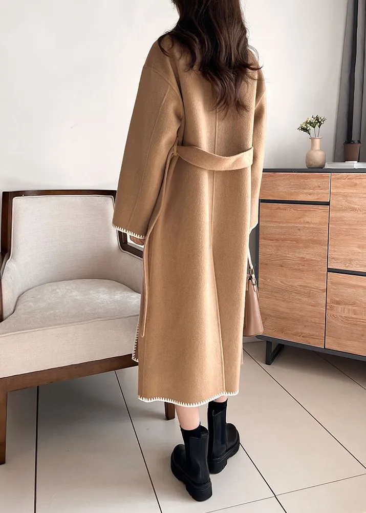 Toothhed Hem Wool Blend Belted Long Coat