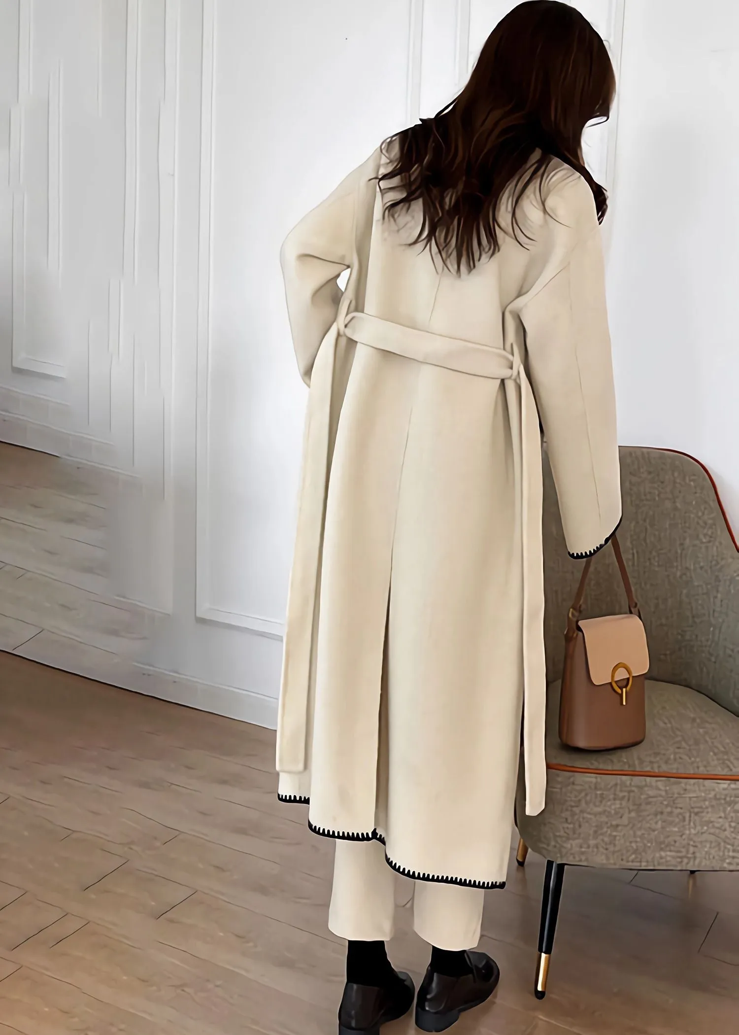 Toothhed Hem Wool Blend Belted Long Coat