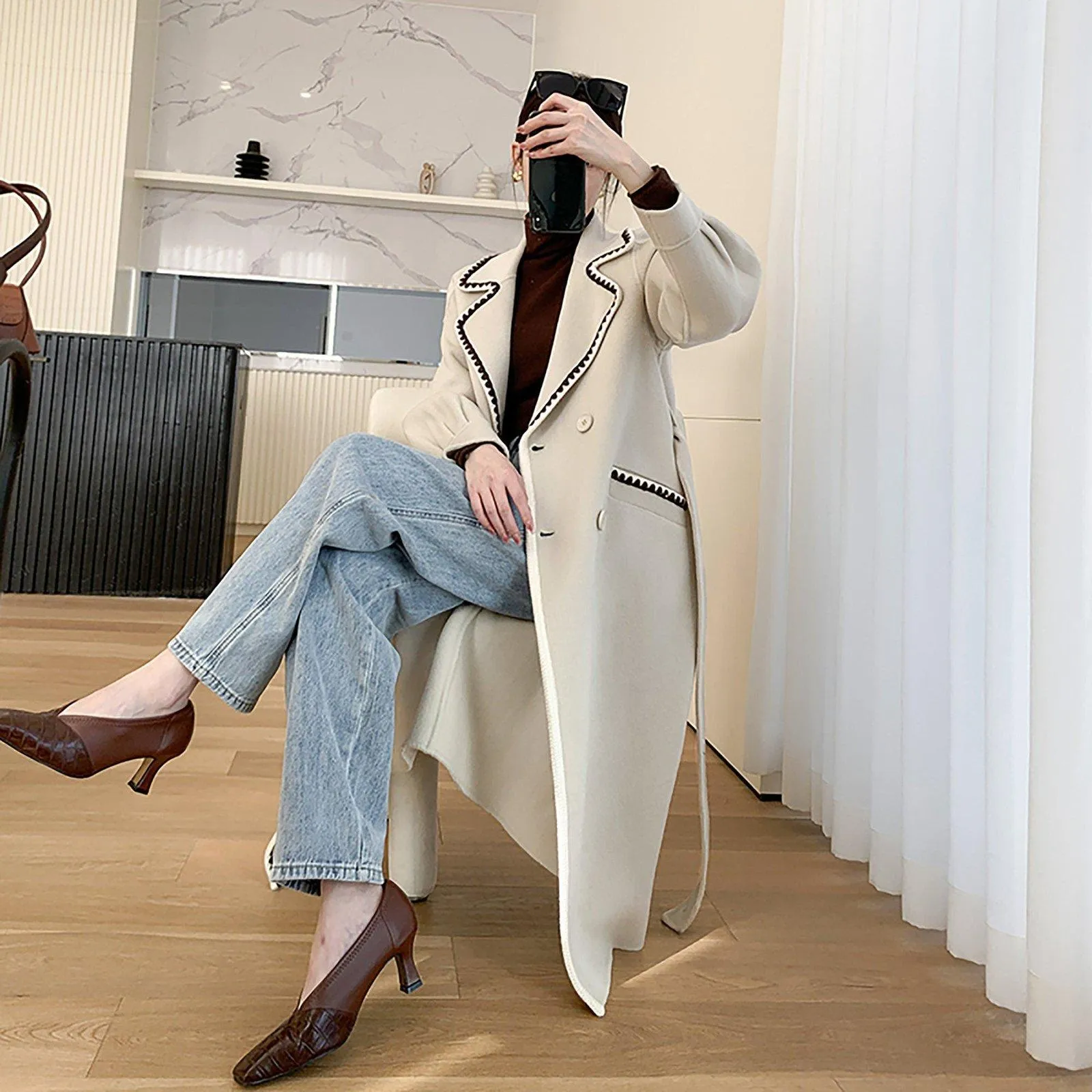 Toothhed Hem Wool Blend Belted Long Coat