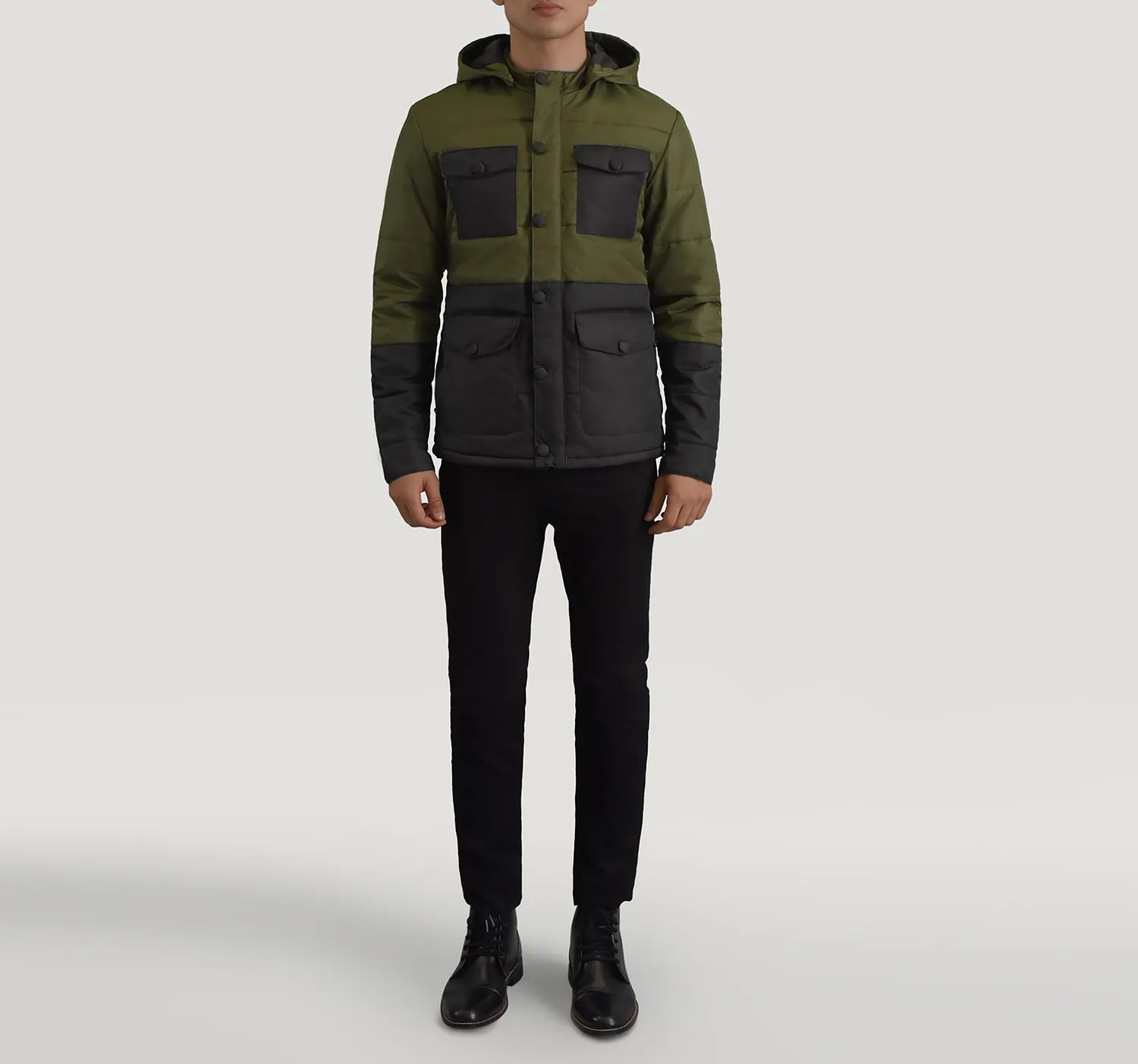 Wayne Black & Green Hooded Puffer Jacket