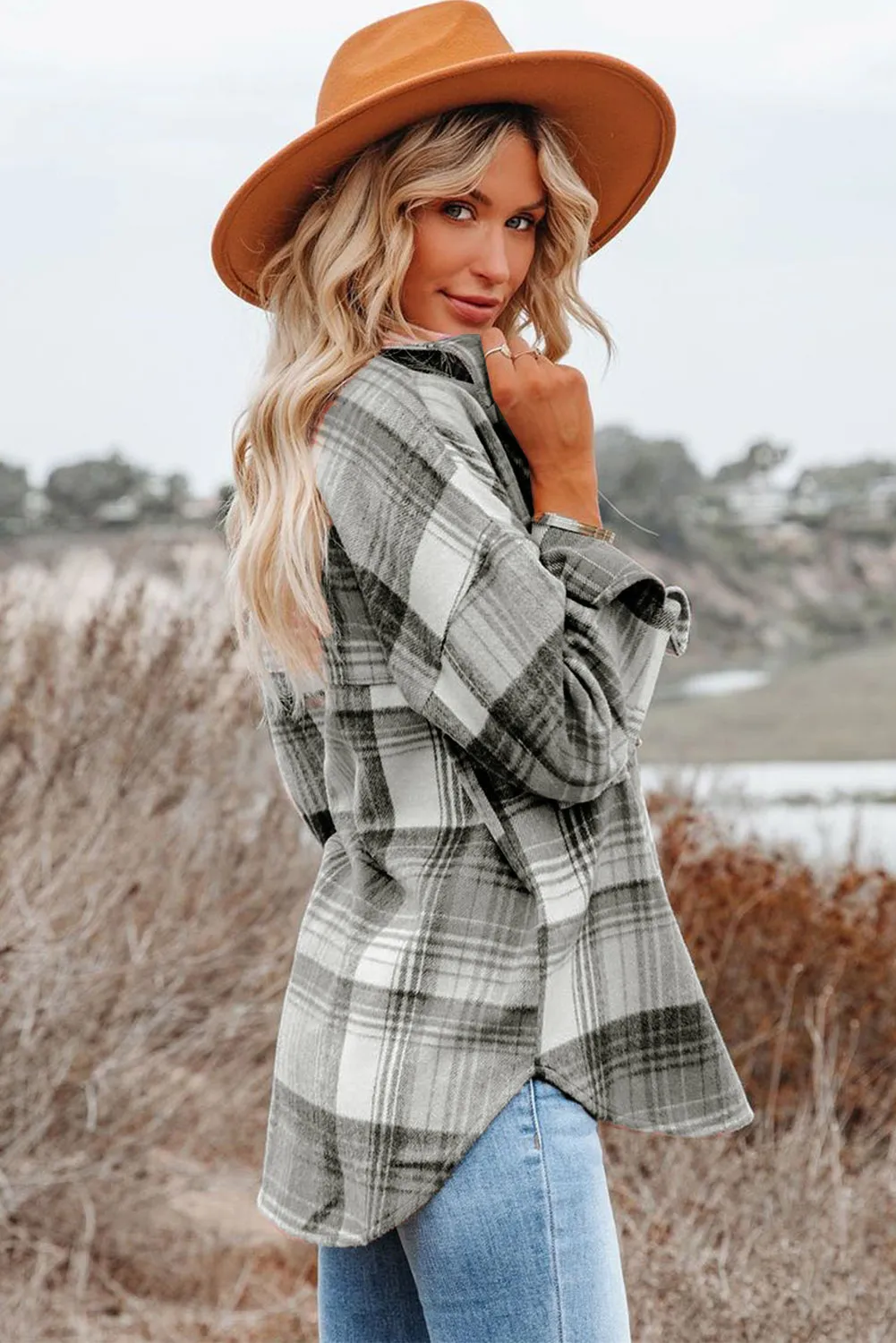 Wholesale Gold Flame & Grey Plaid Button Up Collared Flannel Shacket