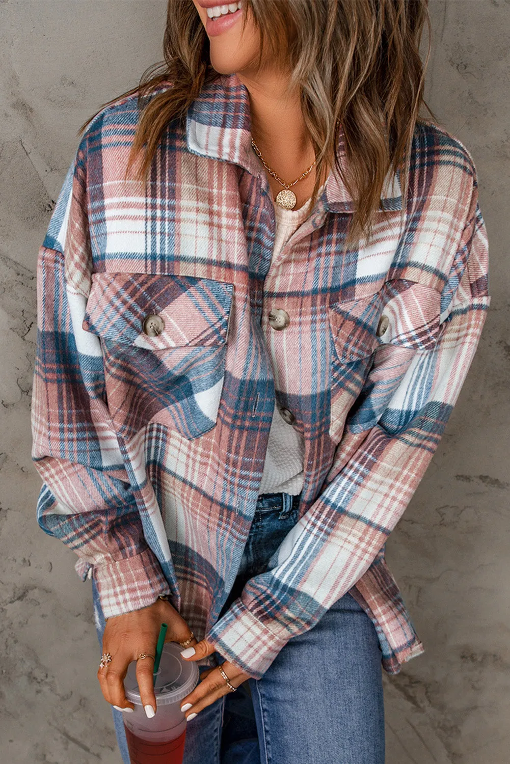 Wholesale Gold Flame & Grey Plaid Button Up Collared Flannel Shacket