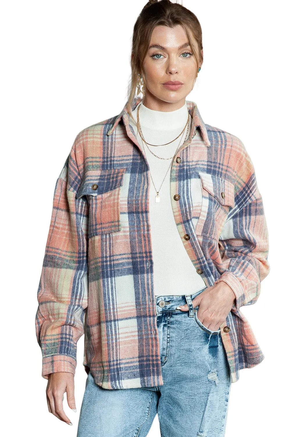 Wholesale Gold Flame & Grey Plaid Button Up Collared Flannel Shacket