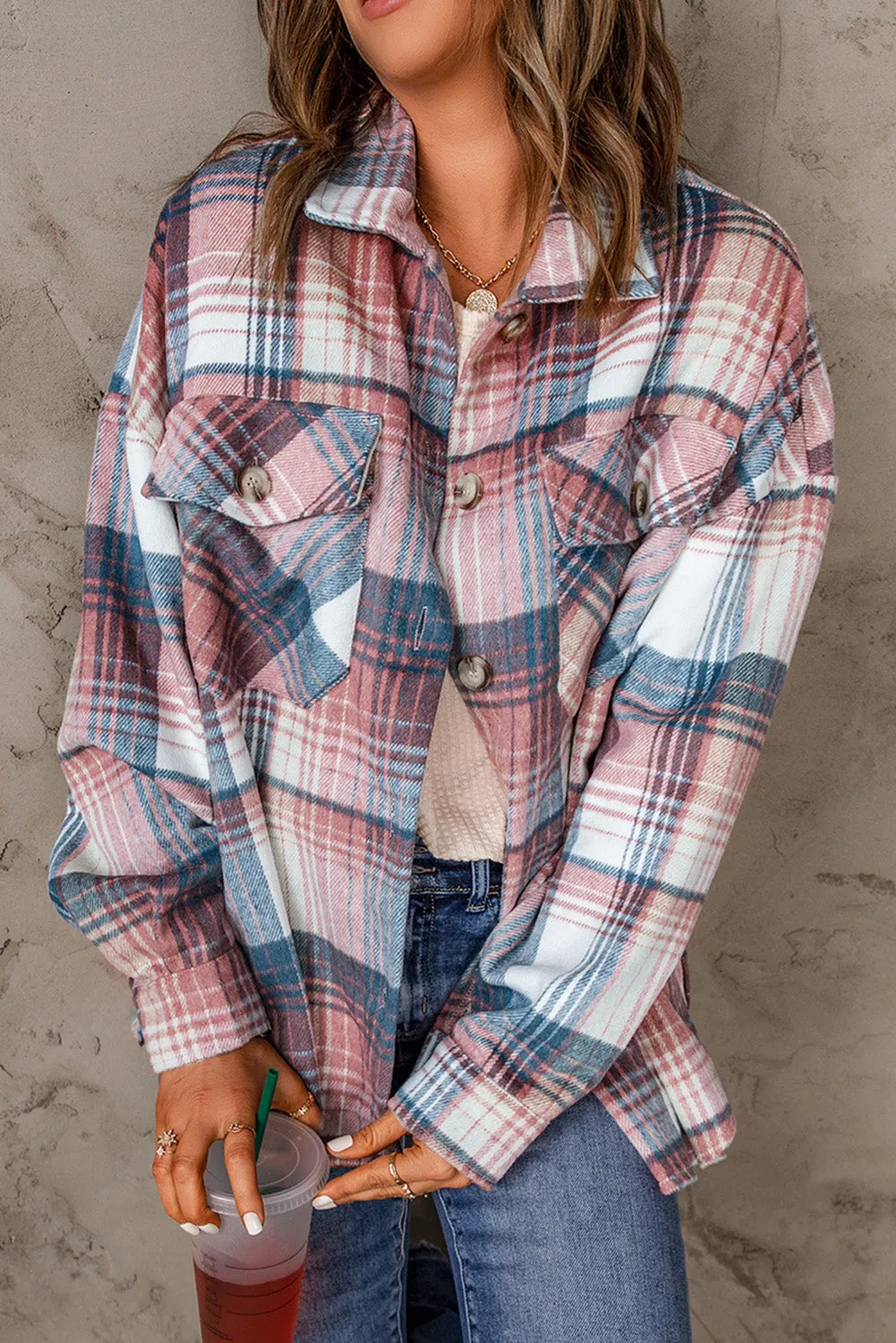 Wholesale Gold Flame & Grey Plaid Button Up Collared Flannel Shacket