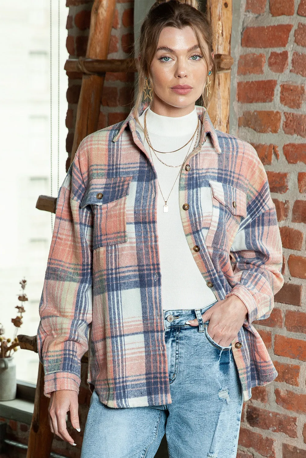 Wholesale Gold Flame & Grey Plaid Button Up Collared Flannel Shacket