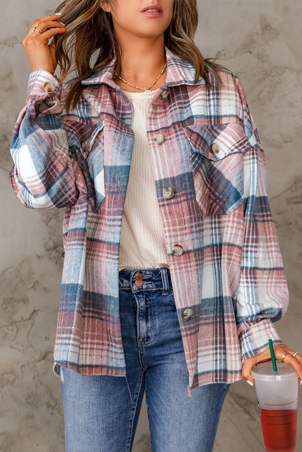 Wholesale Gold Flame & Grey Plaid Button Up Collared Flannel Shacket