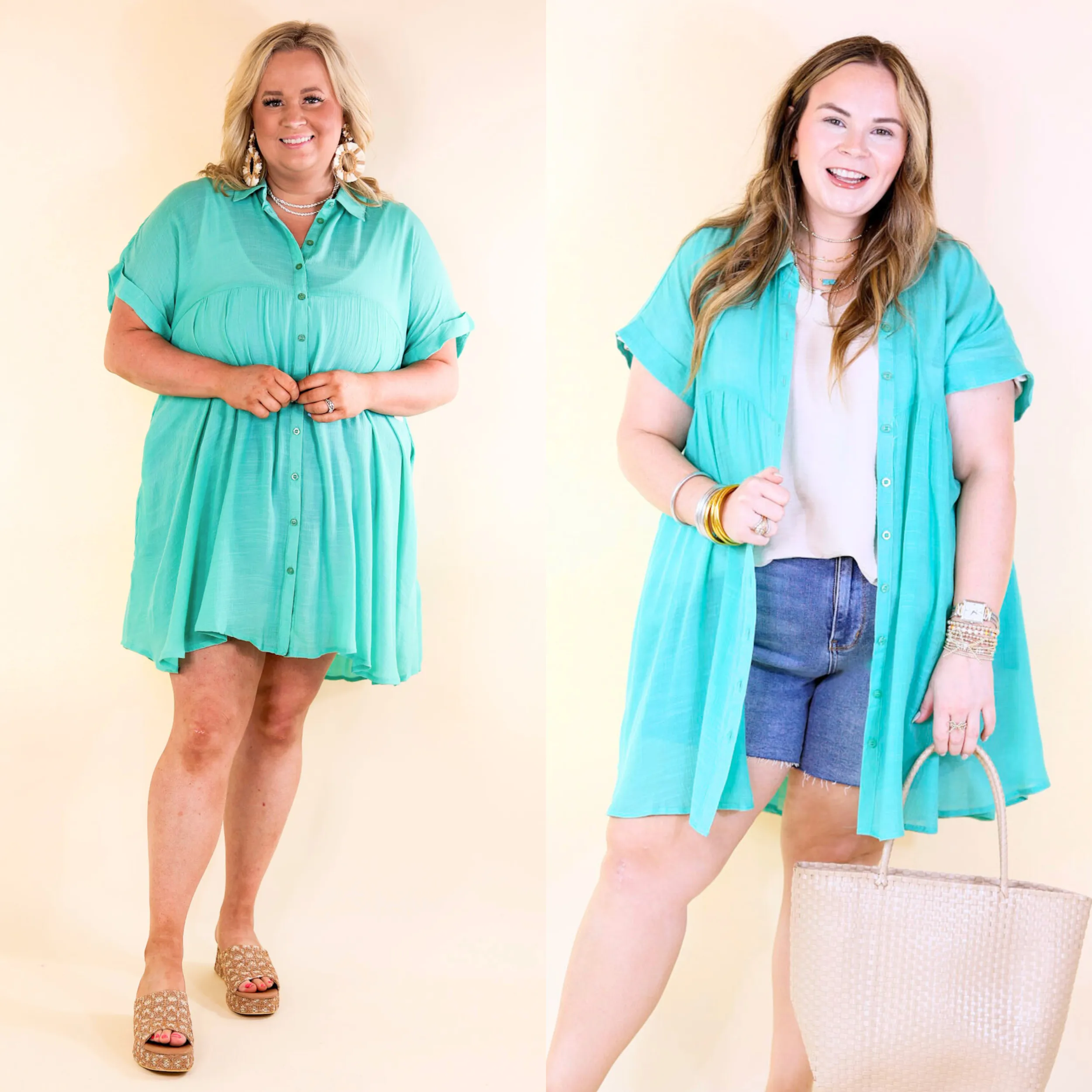 Wildest Dreams Button Up Short Sleeve Tunic Dress in Turquoise